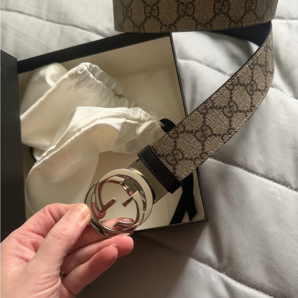 Gucci Brown GG Monogram Canvas Belt with Silver Interlocking G Buckle